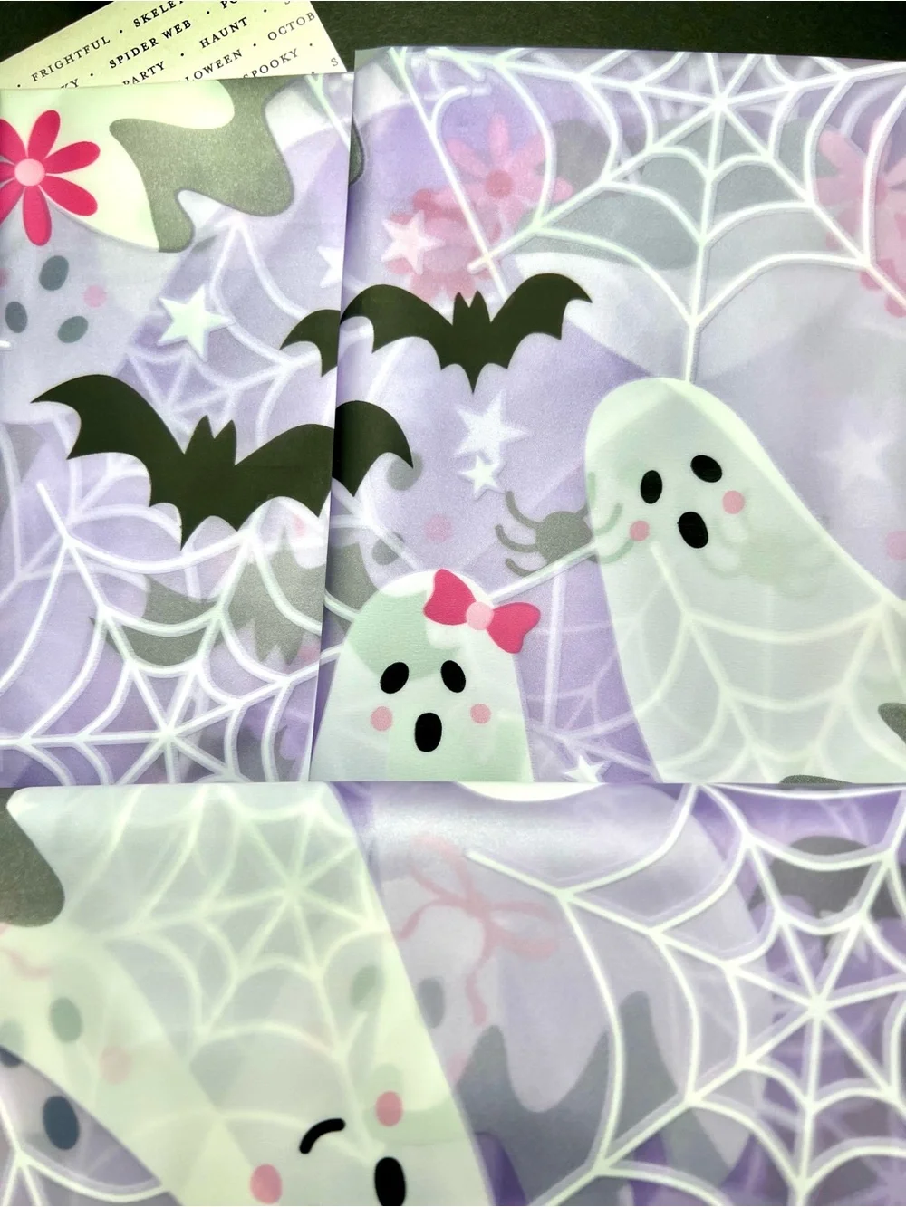 Lavender Halloween Peva Shower Curtain Cute Ghosts Spider Webs Bats HairBows